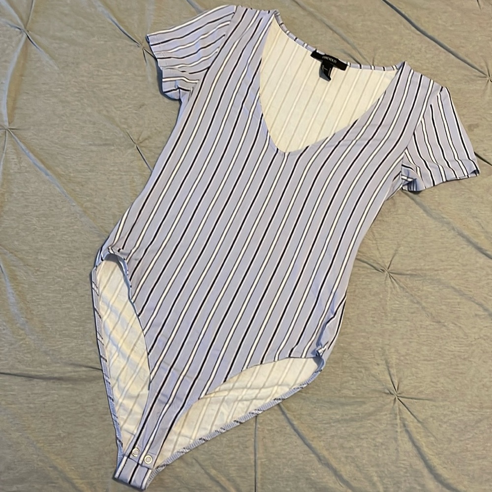 Blue, white, black striped bodysuit